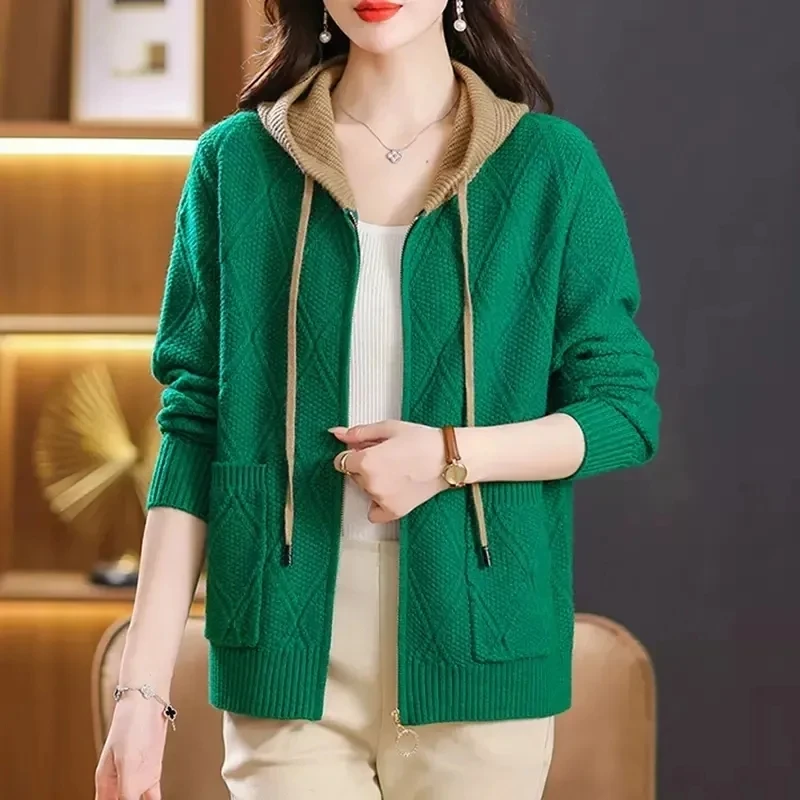 2024 Spring Autumn Women\'s Sweater Cardigan Jacket New Fashion Color Blocked Hooded Zipper Mother Coat Female Loose Knitted Tops