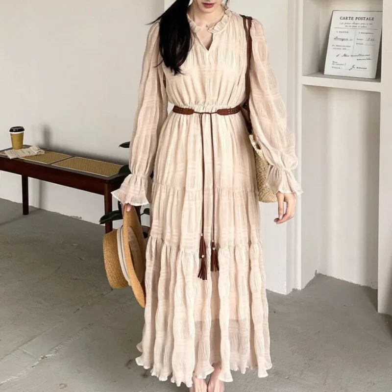 Elegant Dresses for Women Long Sleeve All-match Solid Simple Design Young Korean Style Girls Spring Summer Fashion First Love