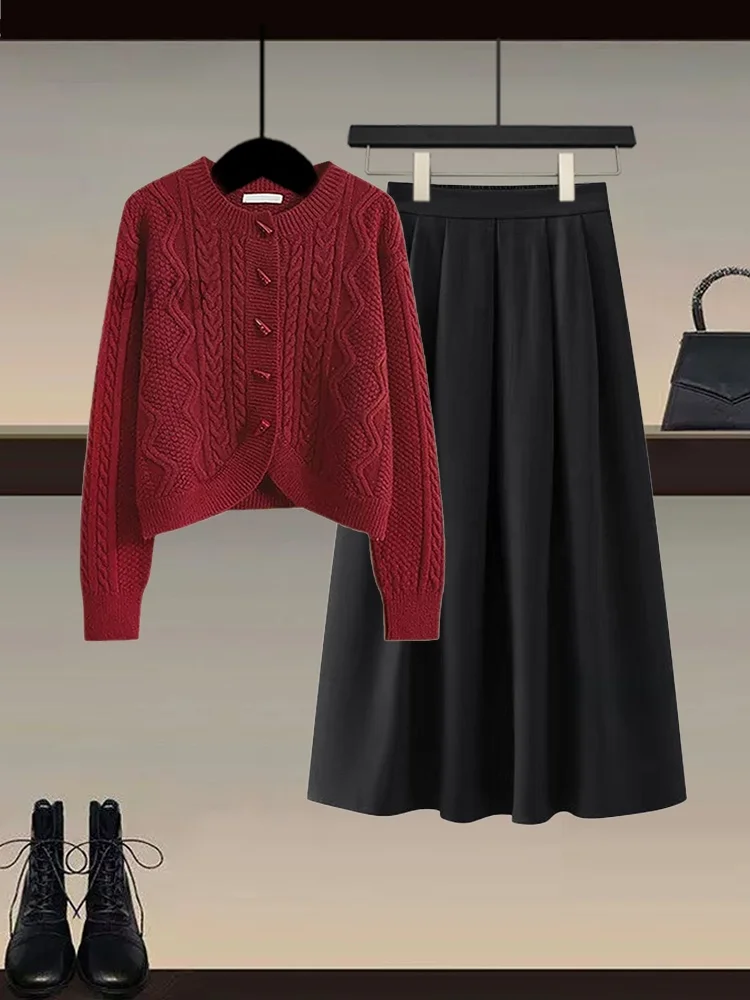 

Winter Red Christmas New Year Knitted Cardigan Sweater High Waist A-Line Skirt Two-Piece Set Women Casual Style Long Sleeve