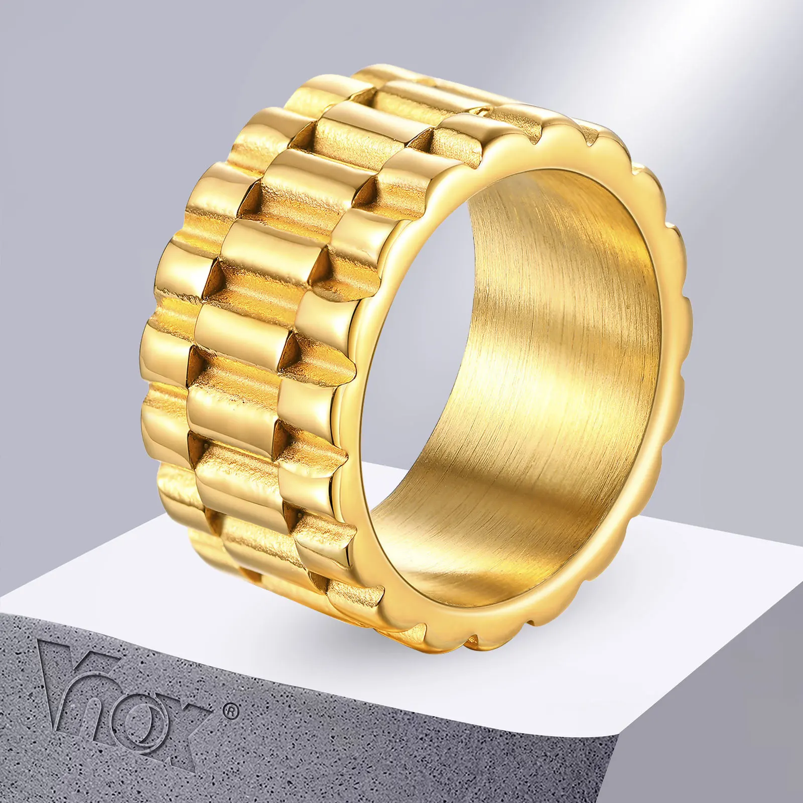 Vnox 11mm Uhr Band Geformt Ring für Männer, Gold Farbe Edelstahl Punk Finger Band, rock Gothic Hiphop Jungen Schmuck