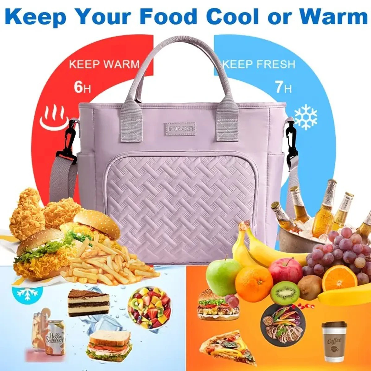 Große Isolierte Lunch-Tasche, Kühltasche, Handwaschbar, Langlebige Polyester-Lunchbox mit Gepolstertem Schultergurt für Arbeit, Schule, Picknicks – Detail 3