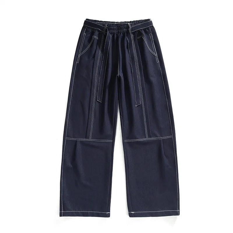 Men Solid Imitation Denim Loose Wide Leg Trousers Elastic Ribbon Waist Contrast Stitching Plus Size Street Pants