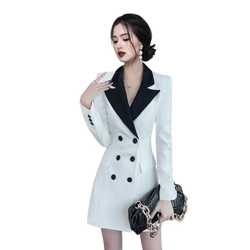 White Spring Women New High End Celebrity Style Slim Suit A-line Dress Korean White Mid Length Blazer Dress For Splicing Coat