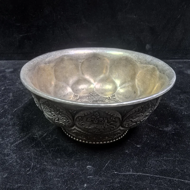 Antique Craft Pure Copper Silver Plated Patina Lotus Carving Ornament