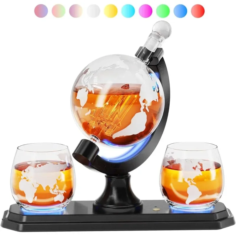 

Whiskey Globe Decanter Set with 7 Color RGB Light, 30.4 Oz Decanter Set with 2 Glasses, Unique Birthday Gifts for Men Dad Father