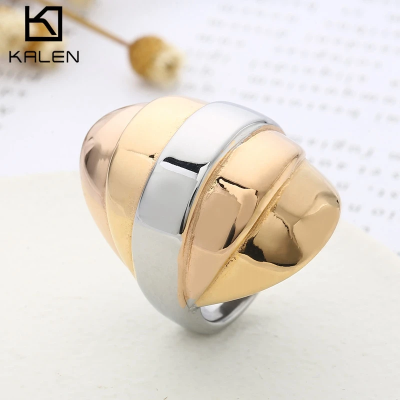 KALEN Fashion Stainless Steel Gold Color Thick Chunky Large Level Rings For Women Wedding Bands Cocktail Anillos Party Jewelry