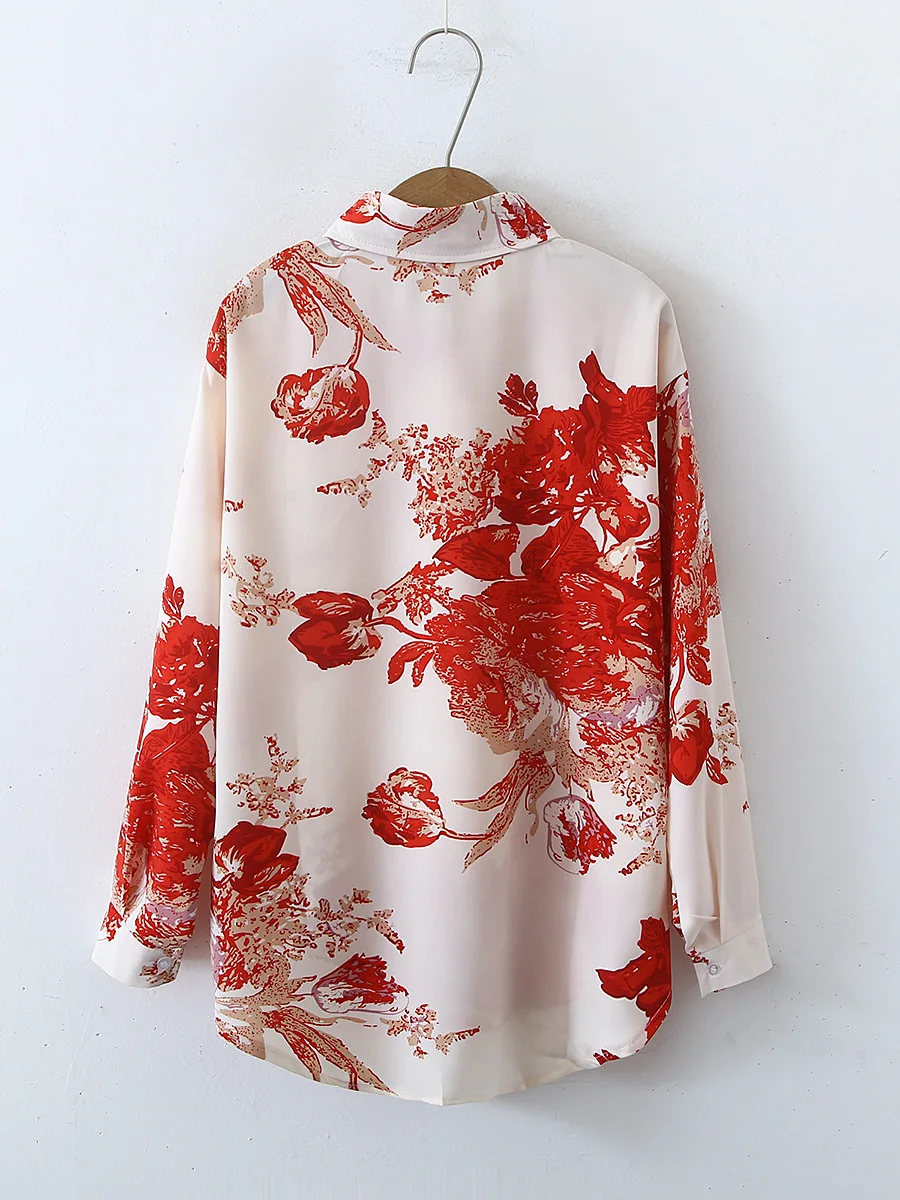Retro Simple Long Sve irt Straight Cut Street Sle Damen Faion Print Design Casual Regular Thin Frühling Sommer