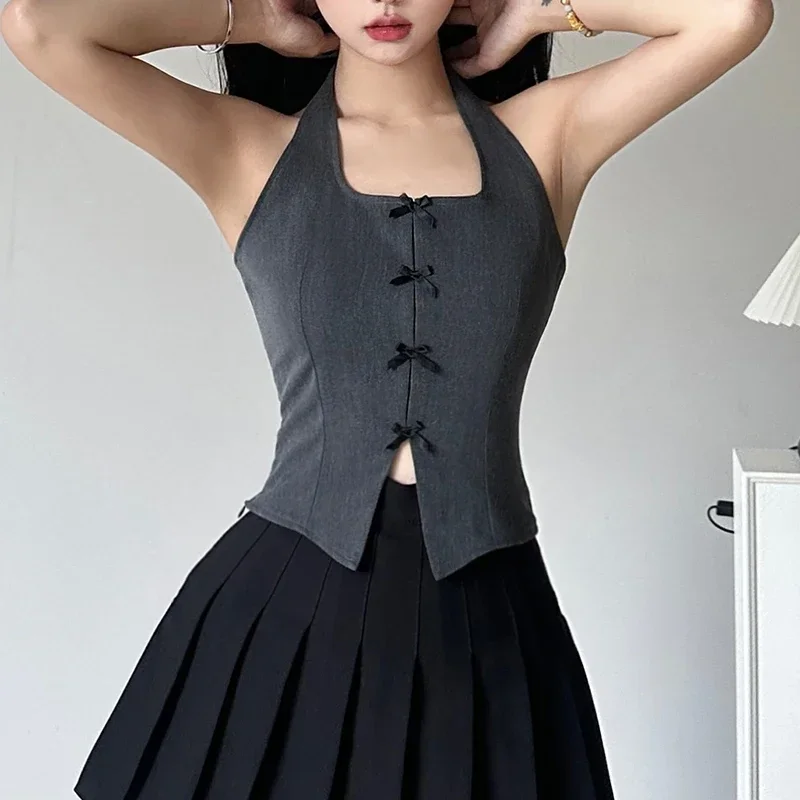 Grunge y2k Grey Sleeveless Slim Split Vest Women Bow Stitched Halter Tank Top Chic Fashion Crop Tops 90s Vintage Clothes