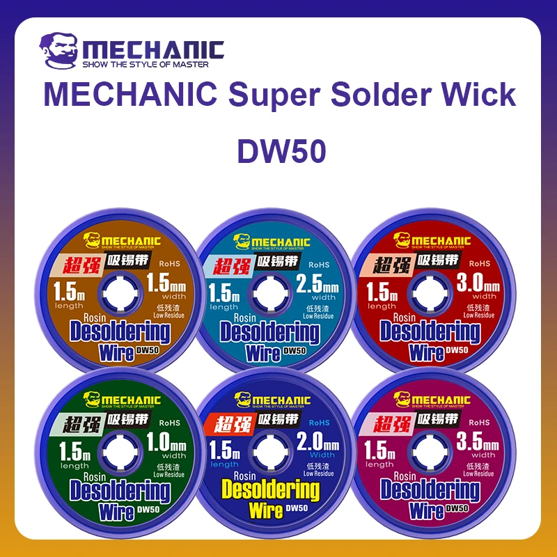 MECHANIC OFFICIAL Super Solder Wick DW50 1.0mm-3.5mm 1.5M High Purity Copper Solder Wick for PCB/Phone/Laptop Repair, Lead-Free