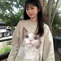 Cat Printed Round Neck Sweater for Men and Women Autumn New Oversize Loose Casual Couple Korean Version Plush Pullover Top Ins