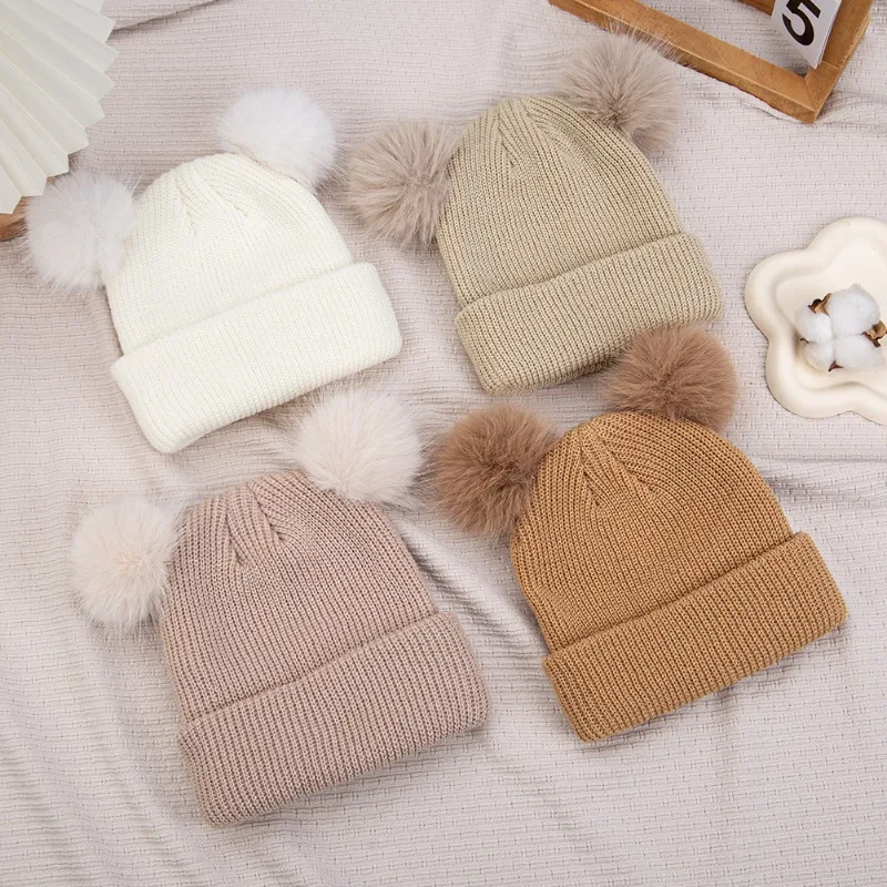 

European Style Boys Knitted Hat with Double Pom Poms Acrylic Yarn Winter Beanie for Baby Boys Warm Cap Cute Infant Toddler Hat