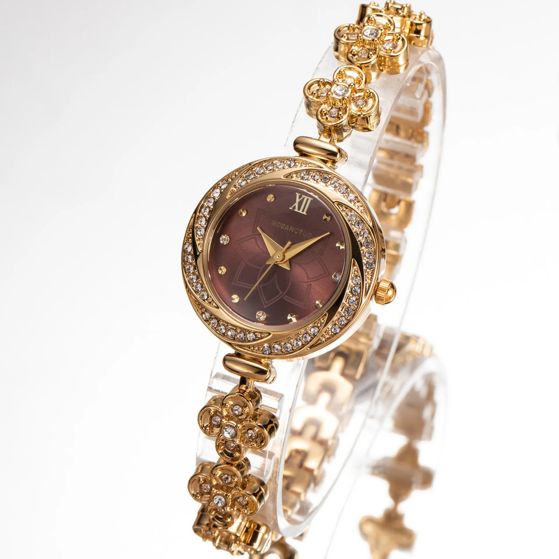 Luxury Women Rhinestone Bracelet Watch Blue Mother Pearl Dial Elegant Ladies Quartz Wristwatch