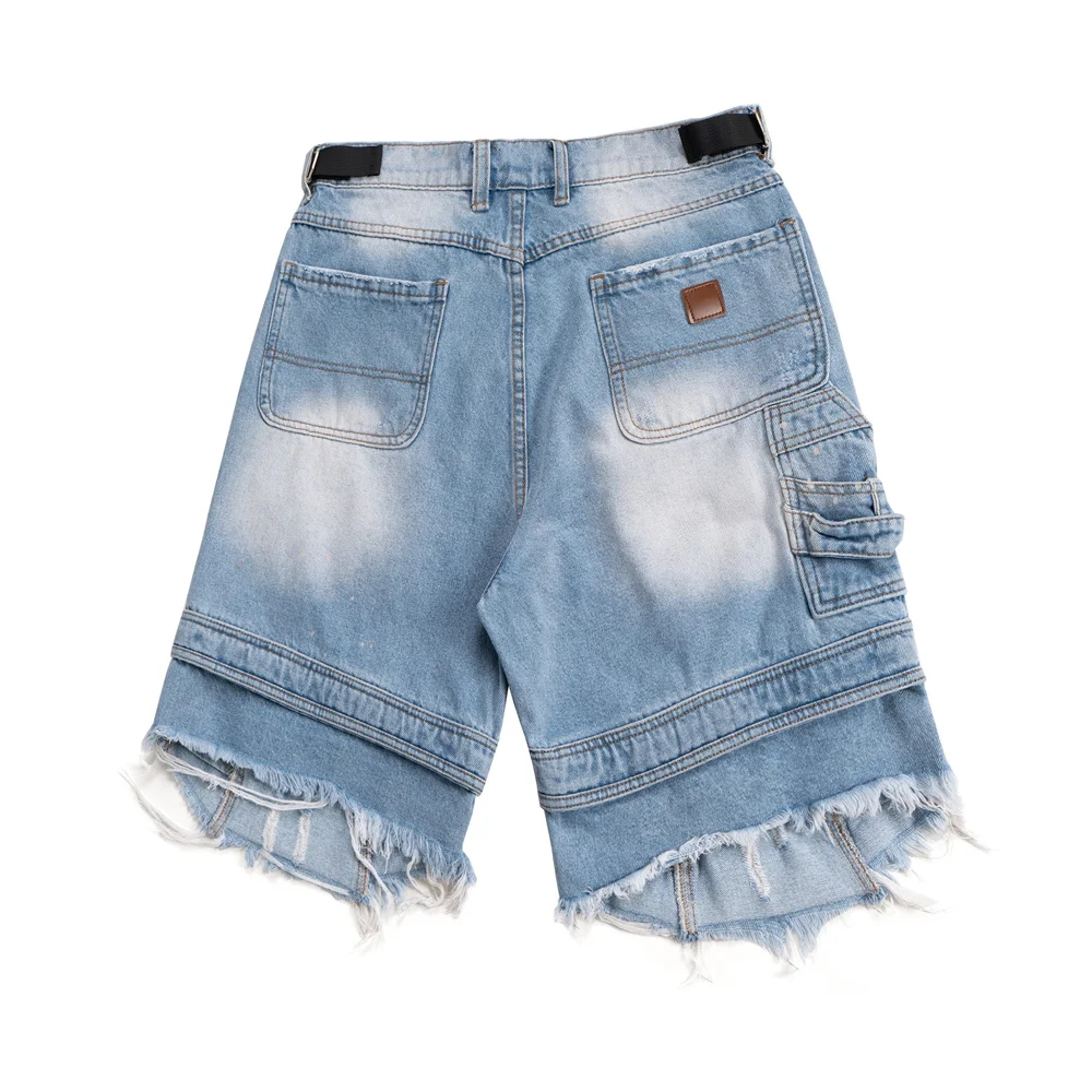 파리 스타일 하이 스트리트 아메리칸 워시드 홀 라지 사이즈 블랙 세븐풋 데님 반바지 오버니 남성 워크웨어 반바지