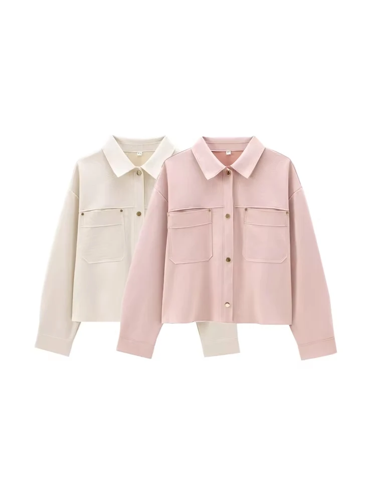 GELITAYIN TRZA-Faux Suede Jacket For Women, Patch Pockets, Loose Coat, Long Sleeve, Snap Button, Female Outerwear, Chic Tops, Fa