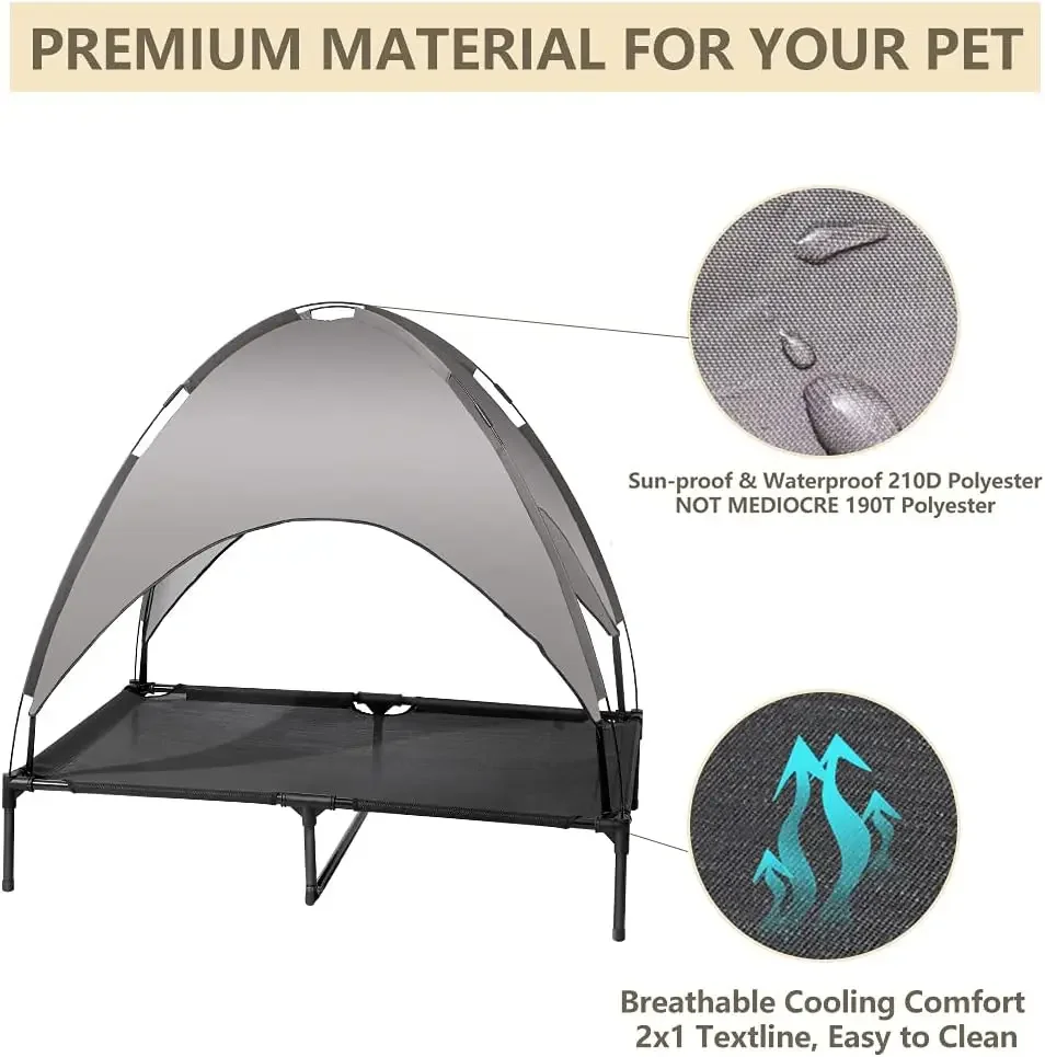 Elevated Pet Cot with Removable Sunshade for Camping, Outdoor Dog Bed with Canopy, Cooling Deluxe 600D PVC and 2x1 Tex