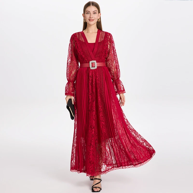 

Autumn French Red Formal Evening Dress Women's V-Neck Long Sleeve Lace Hollowed Out Embroidery Diamond Belt Maxi Vestidos
