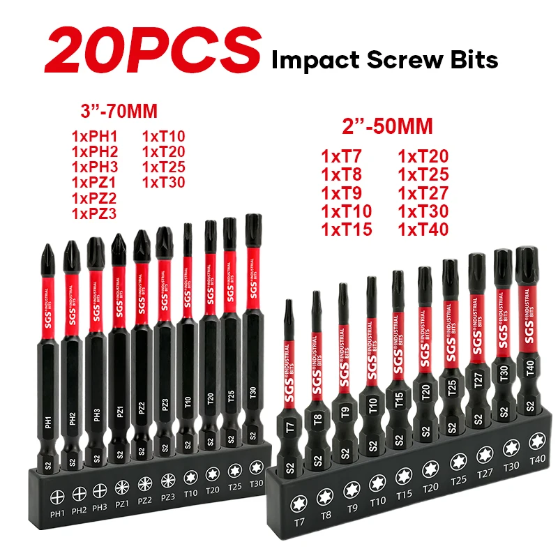 20-Piece Set of Dual-Specification Impact Bits, 50Mm+70Mm, Ph/Pz/T-Type Mixed Bits
