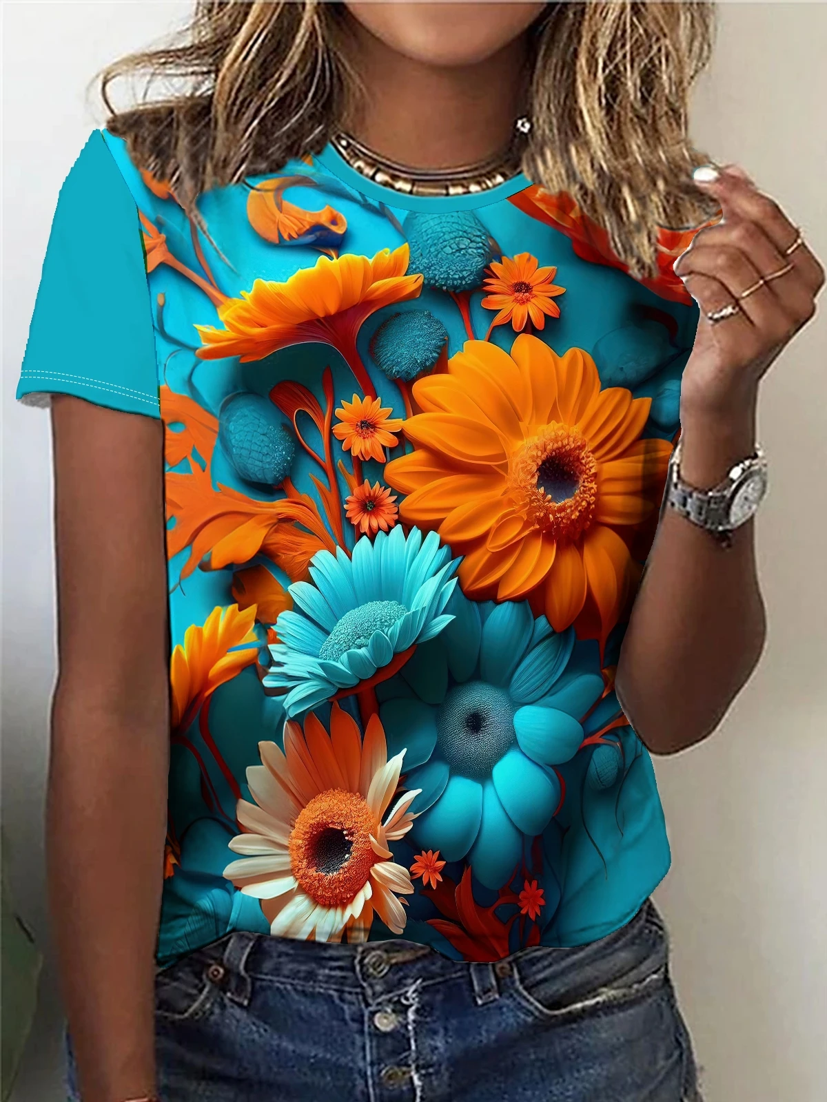 Femmes Streetwear Harajuku Décontracté Mode Y2k Manches Courtes T-shirt O-cou T-shirts Hauts Vêtements D'été Fleur Oiseau Impression 3D T-shirts