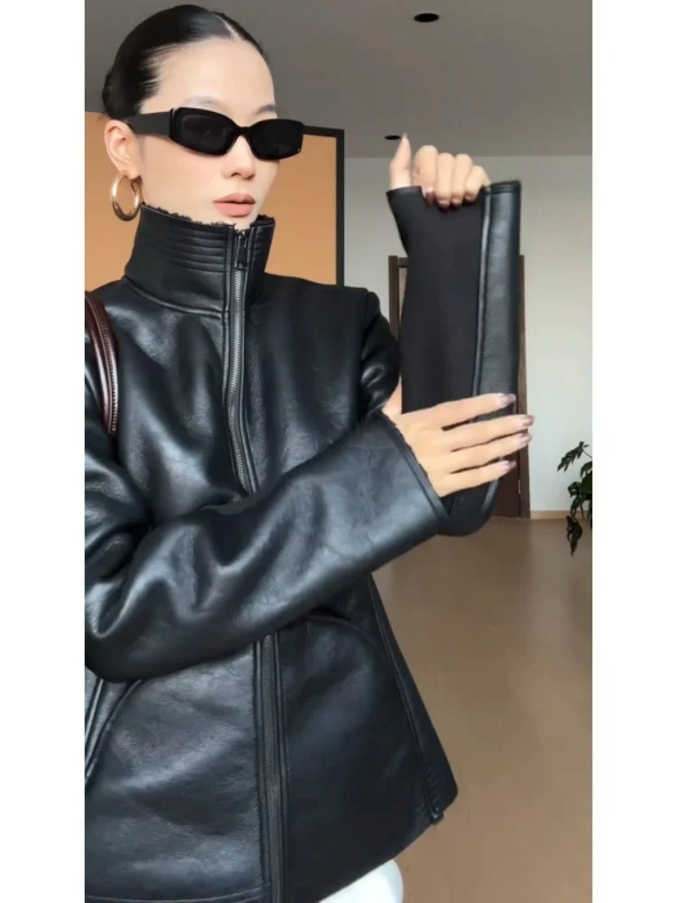 

Ele Slimming Bla Winter Two-Piece Set Faionable Cool Stand Collar Women's Ensemble Korean Sle Long Sve High Waist