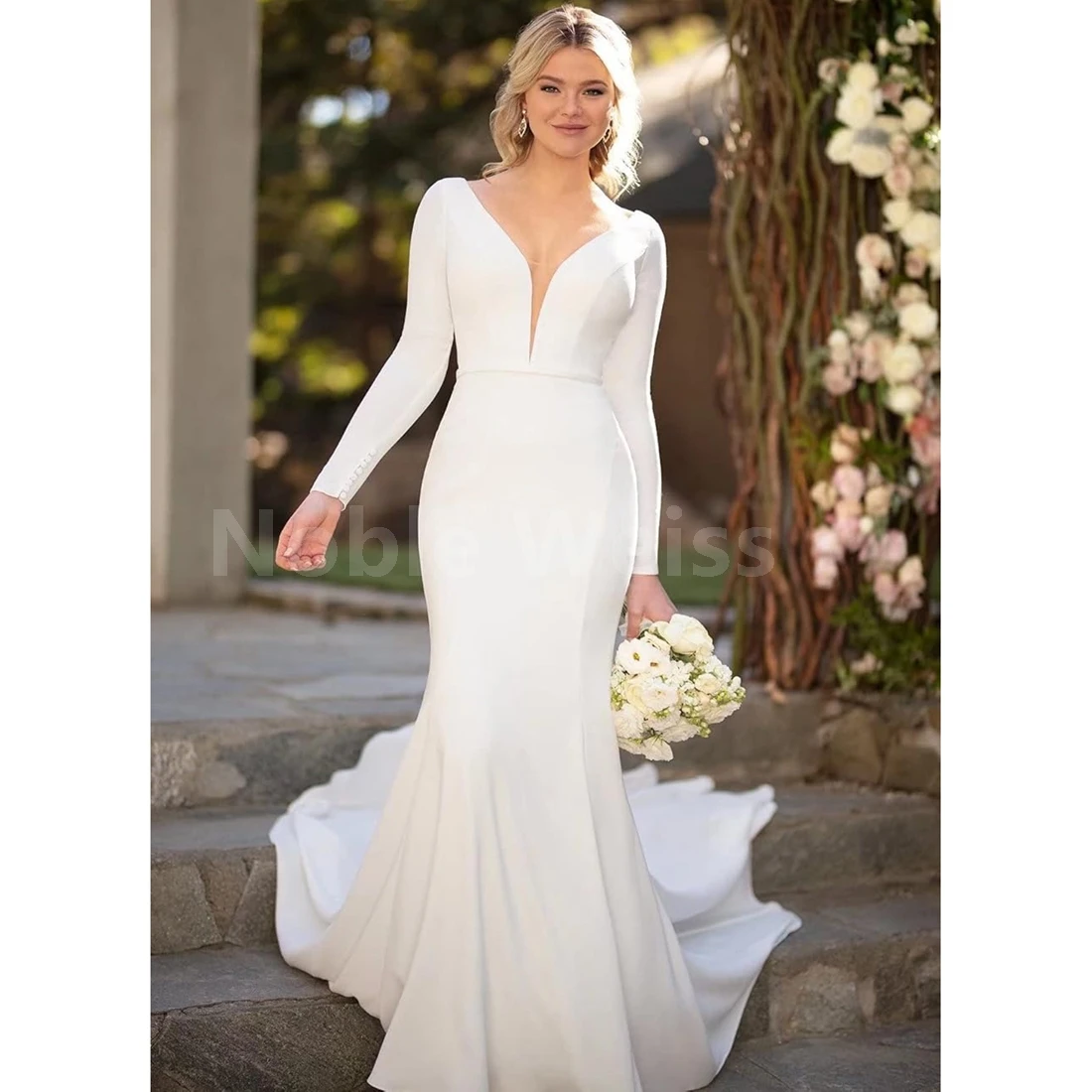 

Luxury Soft Satin V-Neck Wedding Dress with Sweep Train and Backless Design Mermaid Bridal Gown Customized