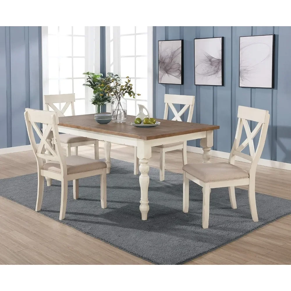 5-Piece Dining Table Set with Cross Back Chairs, Antique White and Distressed Oak|