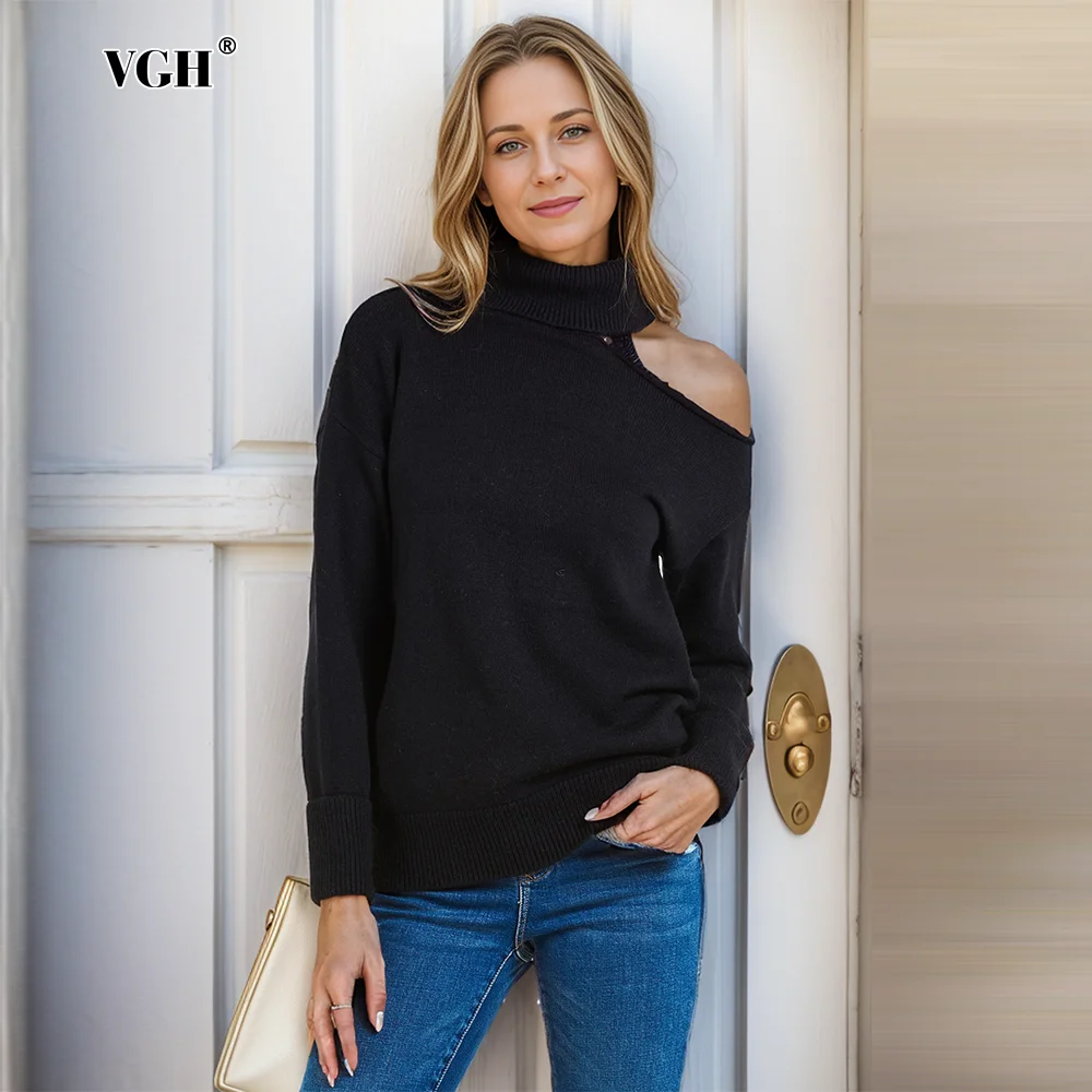 

VGH Casual Hollow Out Solid Knitting Sweaters For Women Turtleneck Long Sleeve Minimalist Loose Pullover Sweater Female Style