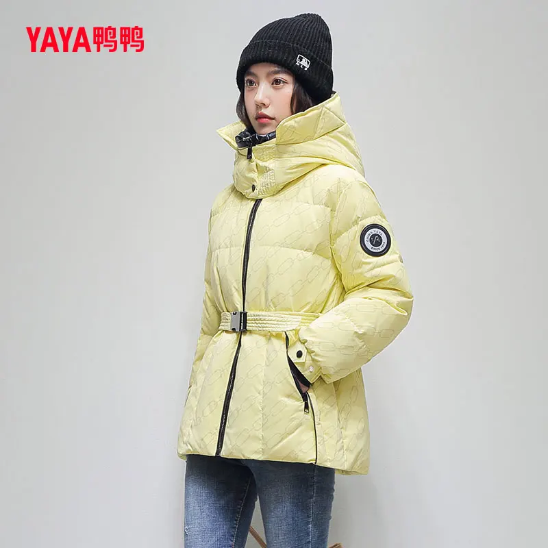 YAYA 2022 Women\'s Down Jacket Detachable Hood Waist Belt Retraction Fluorescence Fabric Winter Ladies Overcoat Padded Parka