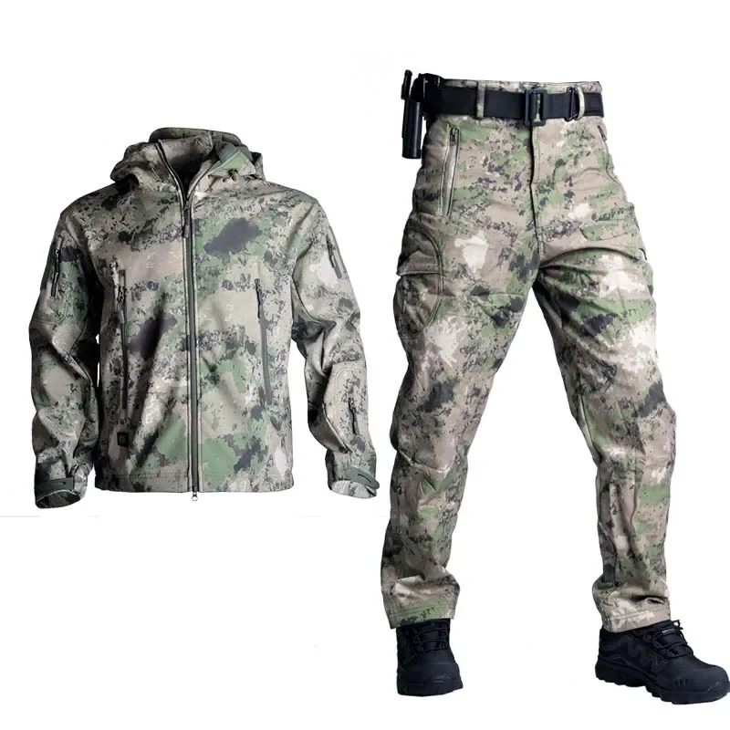 Комплекты охотничьей одежды CAMO-Soft Shell для мужчин, куртки с капюшоном, брюки-карго с несколькими карманами, водонепроницаемые тактические костюмы, 2 шт.