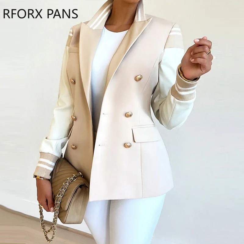 Women Elegant Solid Patchwork Turn Down Color Double Breased Long Sleeves Blazer Jacket