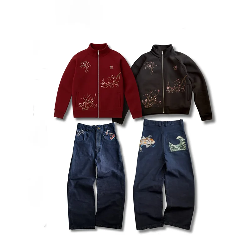 

Японский стиль Koi Fish Wave Cherry Blossom Pattern Вышивка Высококачественные широкие джинсы Y2K Trend Мужчины Женщины Ретро Уличная одежда