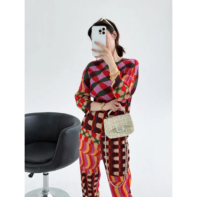 

Miyake Pleated Long Sleeve New 2026 Summer Retro Print Fashion Set Casual Slim Fit Elegant High-end Pleated Pants Two-piece Set