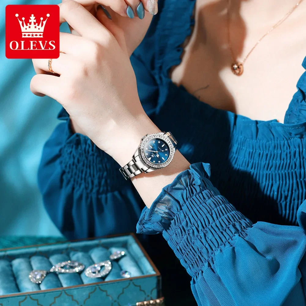 OLEVS marca elegante reloj de mujer de acero inoxidable de lujo con esfera de diamante reloj para mujer impermeable luminoso reloj de pulsera de