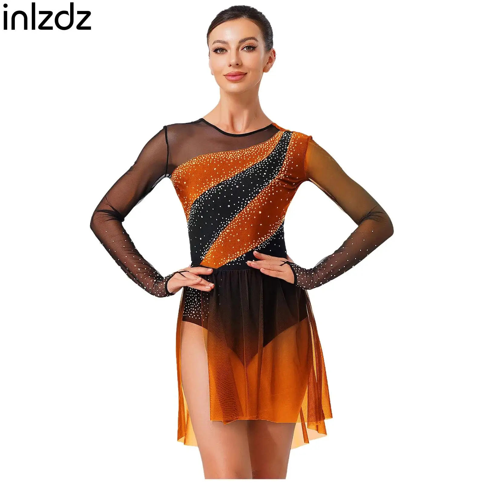 

Womens Ballet Dance Dress Shiny Rhinestones Gradient Mesh Skirted Leotard Dress Lyrical Skating Gymnastics Performance Dancewear