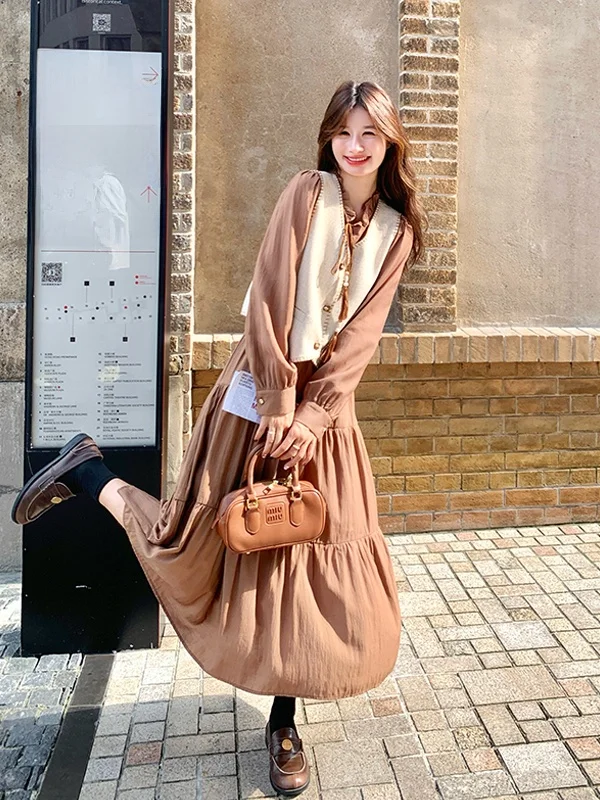 

Французский элегантный комплект из двух предметов: длинное платье и юбка с высокой талией А-силуэта для женщин, весна-осень, новинка