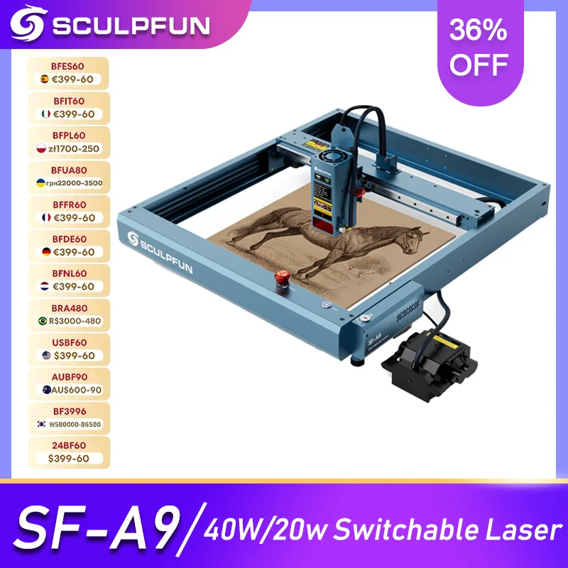 SCULPFUN SF-A9 40W High Speed Desktop Diode Laser Engraver Automatic Metal Laser Engraving Machines with Air Assist