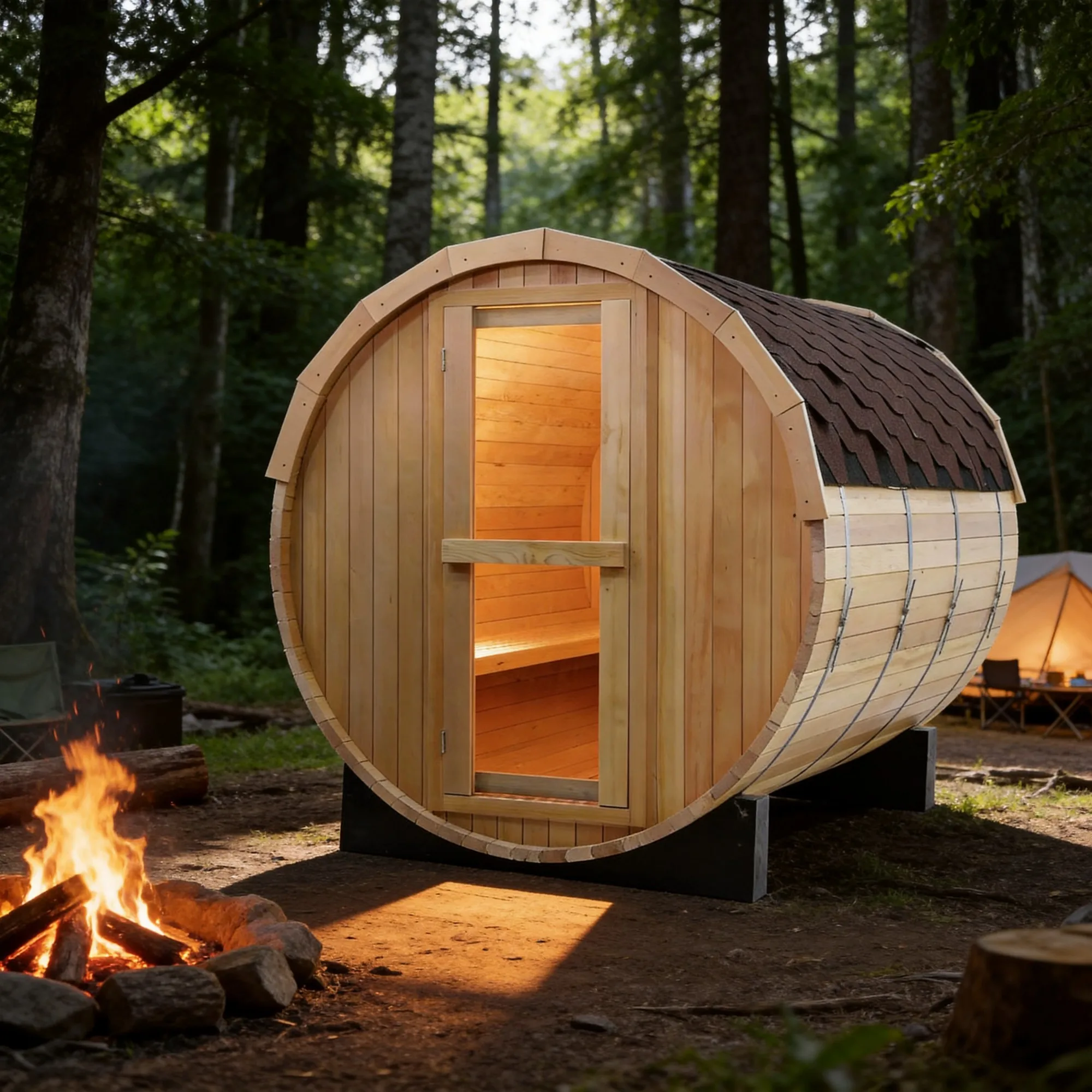 Nordic-style Cylindrical Outdoor Sauna Canadian Hemlock Sauna Heater Stones Dry Steam Far Infrared Heating for 4-6 People