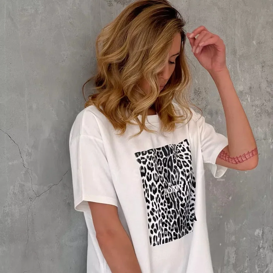 Lazin Sle Leopard Print Loose Casual Ort Sve T-Irt Women Ci Walk Summer Cotton …