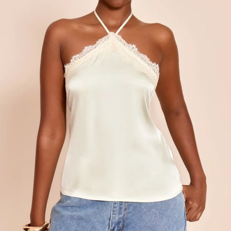 

Женский топ с кружевной отделкой и завязками на шее, сексуальный, с открытой спиной, облегающий, из шелкового атласа, летняя рубашка, уличная одежда