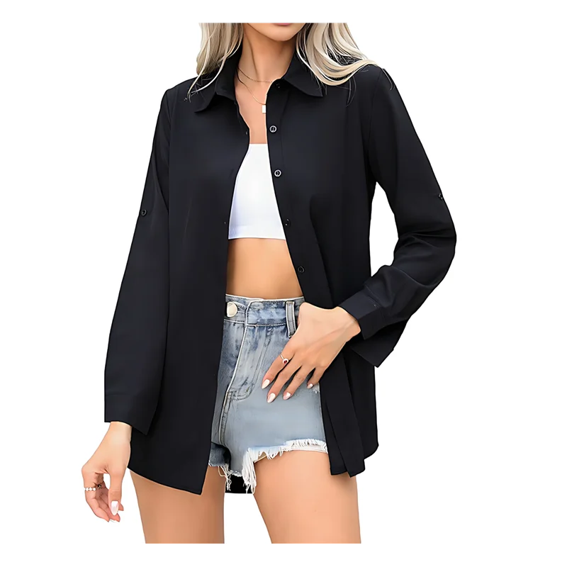 ABRT-Damen-Langarmshirt mit Stretch-Button-Down-Motiv, weich, Basic, knitterfrei, für Arbeit, Business, formelle Freizeitbluse