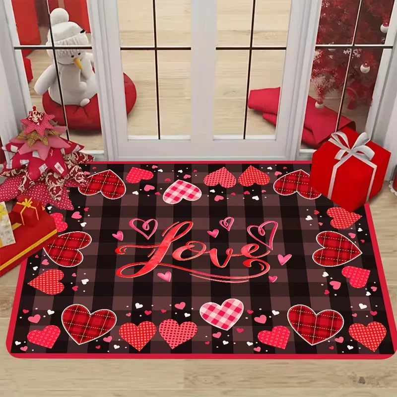 1pc Valentine's Day Door Mat WELCOME Rug with LOVE Heart & Hello Cursive Lettering Indoor Entryway, Bedroom, Kitchen Floor Mat