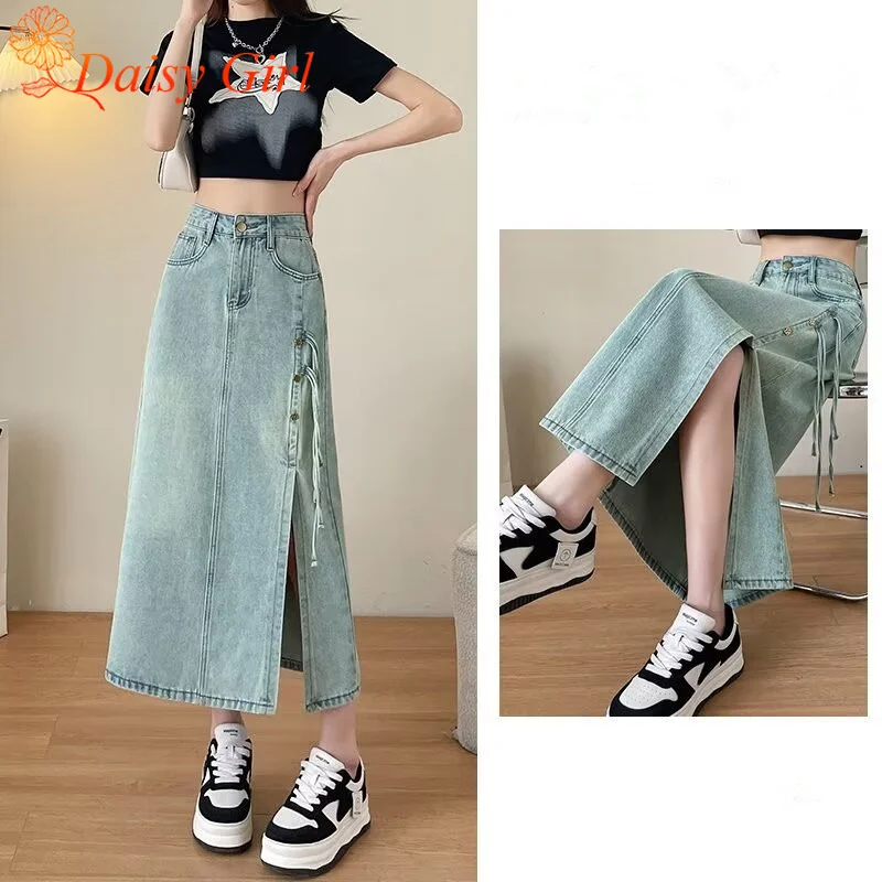 Novo verão retro cintura alta denim saia menina cor sólida fenda saias de comprimento médio design sentido pequena a linha hip-pack saia