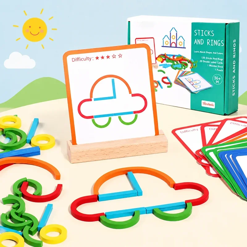 Wooden Sticks and Rings Puzzle, Montessori Matching Game for Toddlers, Hands-On Color Shape Sorting Toy for Preschool Play Set