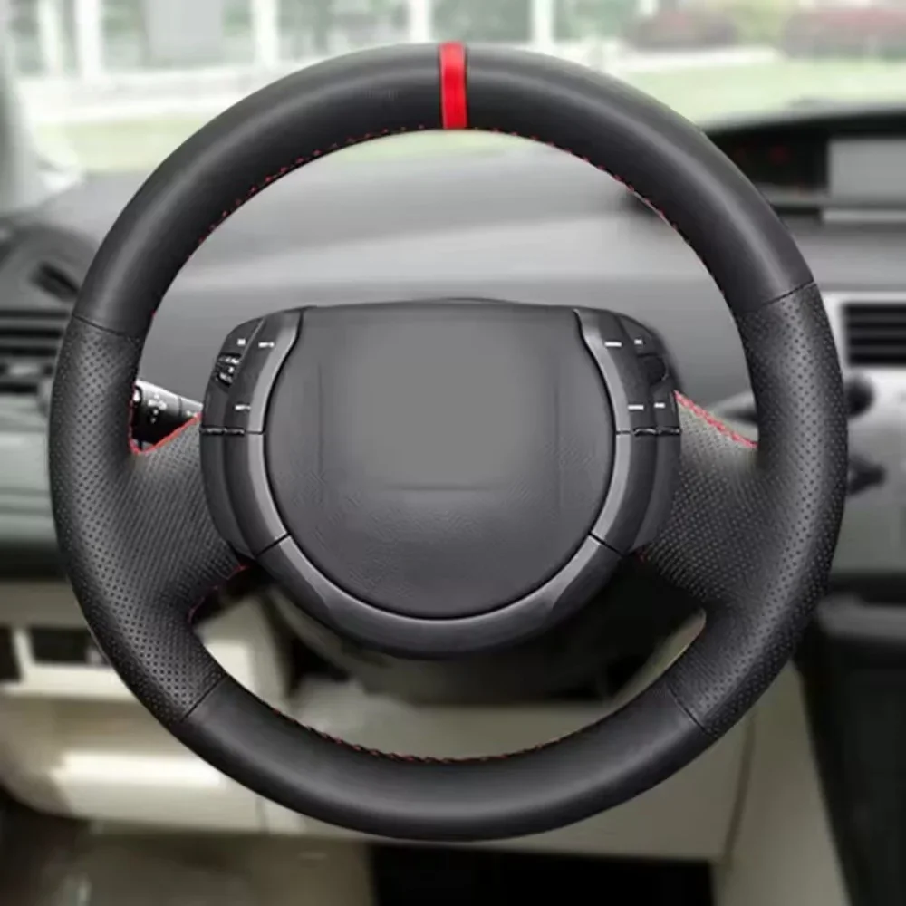 For Citroen Triumph Old C4 C-quatre 2007-2009 Car Hand Stitched Black Microfiber Leather Perforated Car Steering Wheel Cover
