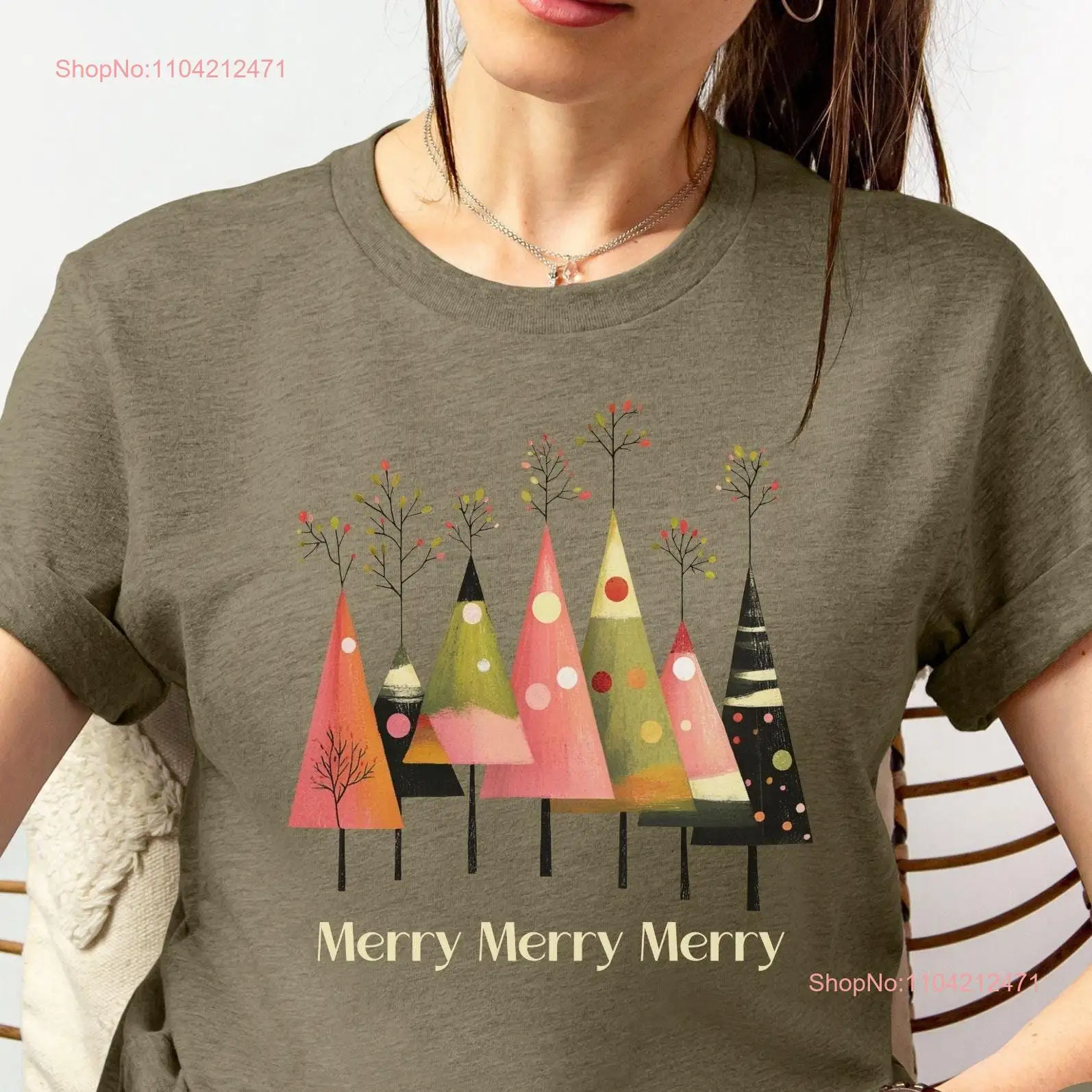 Womens Boho Christmas Tree T Shirt Modern Cute Holiday Chic Winter For Her long or short sleeves