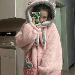 Women Hooded Sleepwear Nightdress 2023 Strawberry Robe Long Sleeve Warm Homewear Winter Loose Nightgown Coral Fleece Nightwears