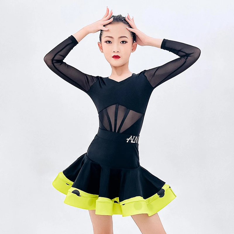 2023 Girls Latin Dance Performance Costume Childrens Ballroom Dance Dress Black Long Sleeves Suit Latin Practice Dress JL5306