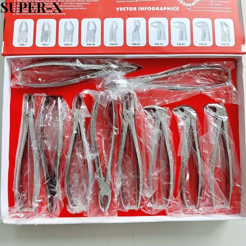 10PCS/set Dental Stainless Steel Adult Extraction Forceps Set Autoclavable Tooth Extraction Orthodontic Forceps Dental Tools