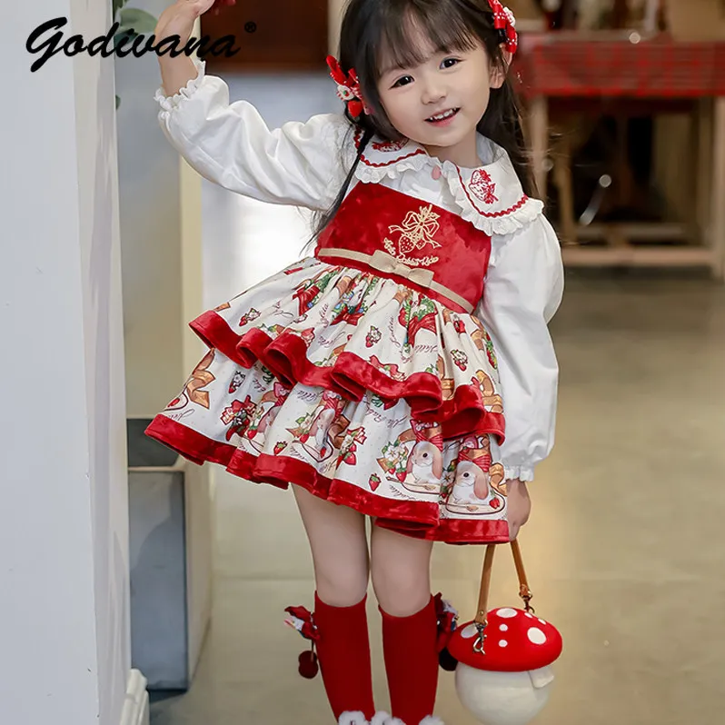 Original Sweet Baby Girls Lolita Princess Sundress Kids 2026 Spring and Autumn Cute Cartoon Print Straps Birthday Party Gown