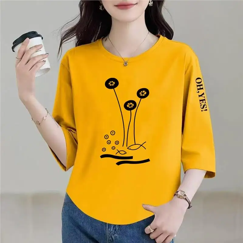 

Loose Printed T-Shirt for Mom Middle-Aged And Elderly Women 7/8 Sleeve Women's Fashionable New Large Size Top Polyester Fiber