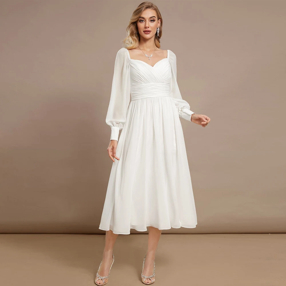 

Simple Sweetheart Neck Wedding Dresses Long Sleeves Pleat Bridal Grown Tea Length Chiffon A Line Front Slit Vestidos De Novia